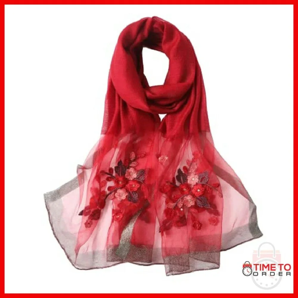 Large Silk Blend Scarf Shawl Wrap 75x28 Inches Lightweight Embroidered